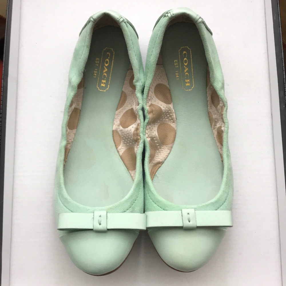 Coach mint suede and leather flats with bow, sz 5